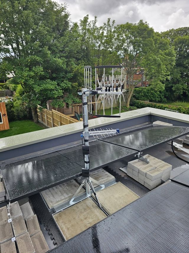 RTÉ and BBC aerials on a ballasted non-penetrating mount on a flat roof