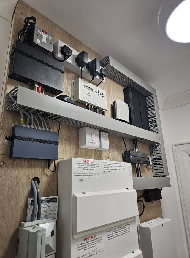 Home comms board with network switch, TV distribution and power