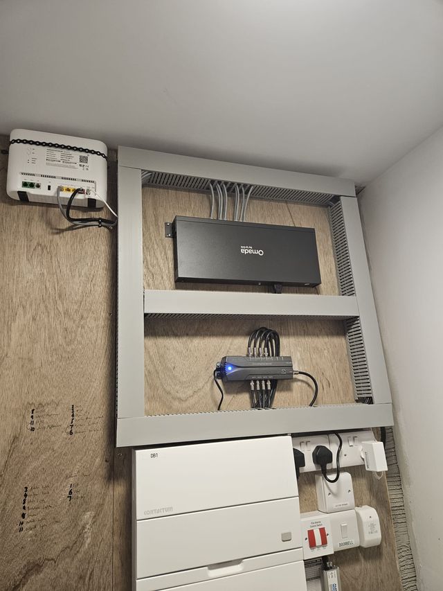 Wall-mounted network switch and router installation with neat cabling